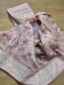 Pink Organza Embroidery Katha Chikankari Work Saree & Border with Velvet Lace