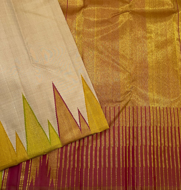 Half White Korvai Temple Border Kanchipuram Silk Saree