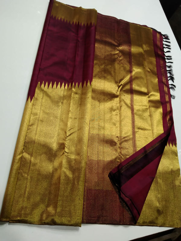 Maroon Raising Temple Border Kanchipuram Silk Saree with Double Side Rekku