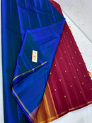 Peacock Blue Plain Handloom Kanchipuram Silk Saree with Dual Colour Pallu