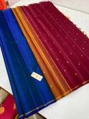 Peacock Blue Plain Handloom Kanchipuram Silk Saree with Dual Colour Pallu
