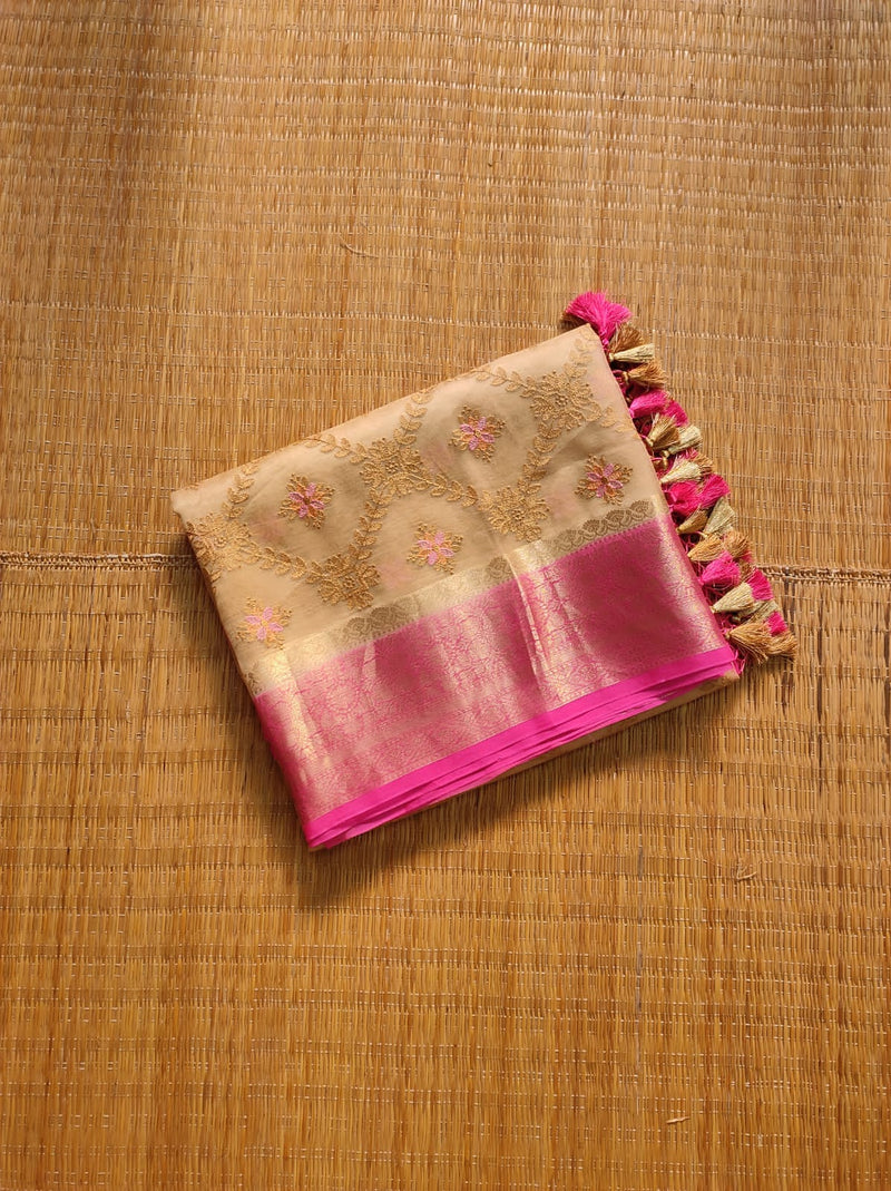 Sandal Pink Organza Saree with Embroidery work & Banarasi Style Border