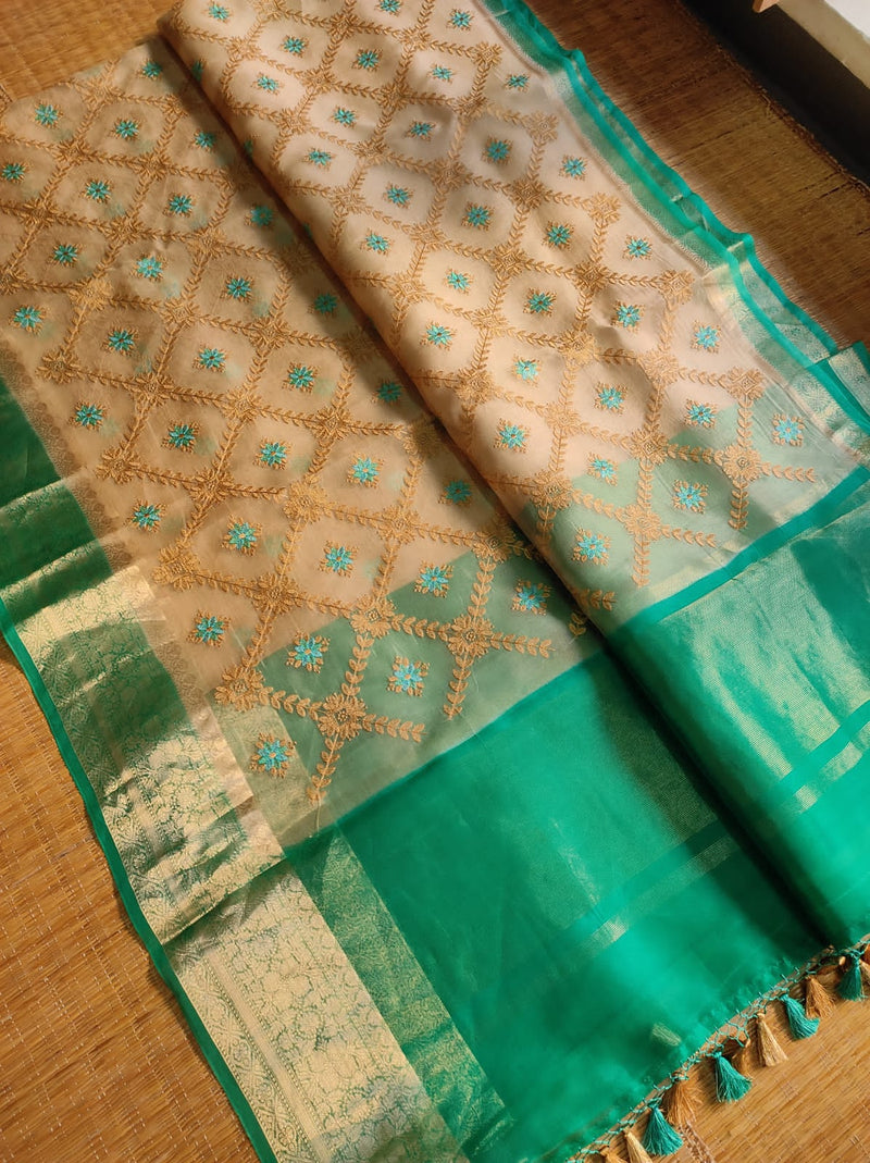 Sandal Green Organza Saree with Embroidery work & Banarasi Style Border