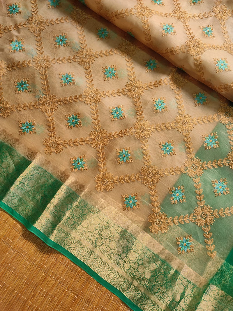 Sandal Green Organza Saree with Embroidery work & Banarasi Style Border