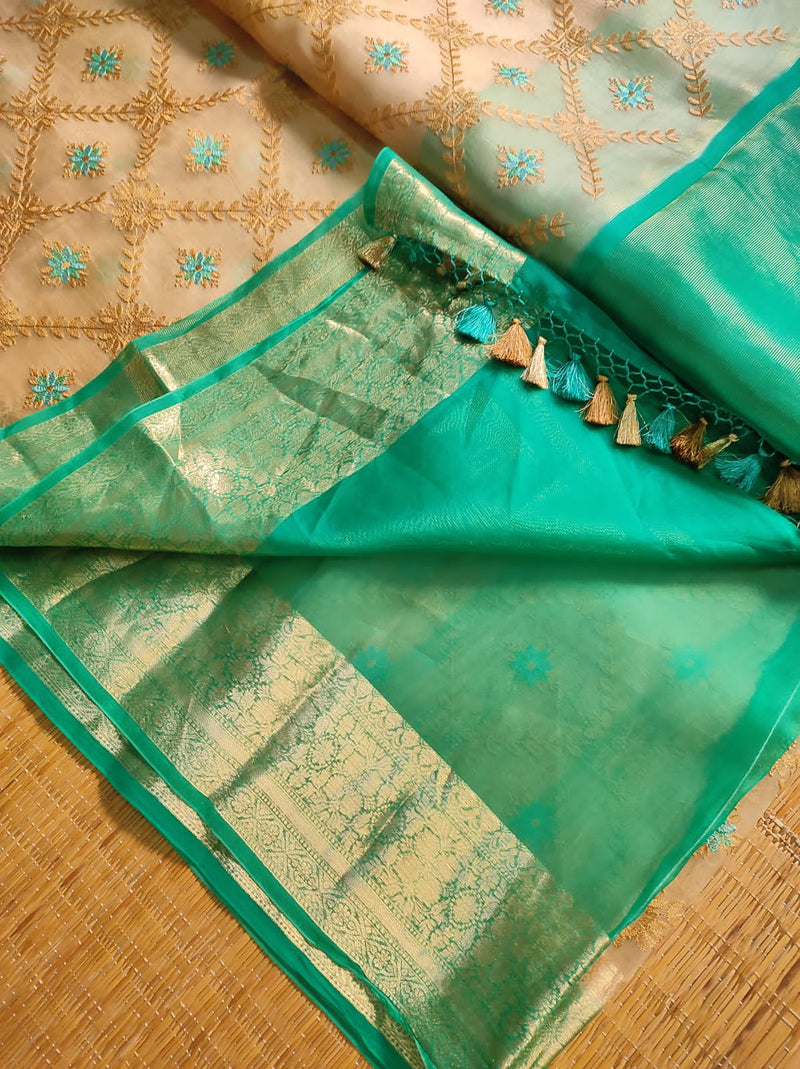 Sandal Green Organza Saree with Embroidery work & Banarasi Style Border