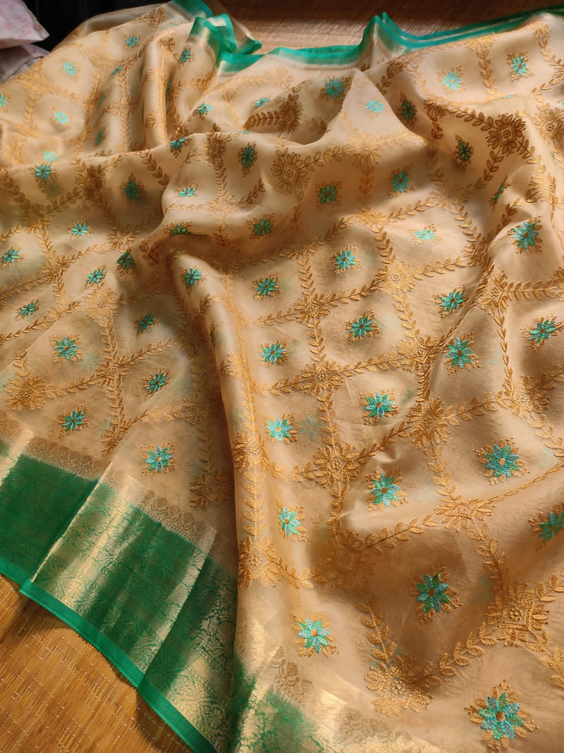 Sandal Green Organza Saree with Embroidery work & Banarasi Style Border