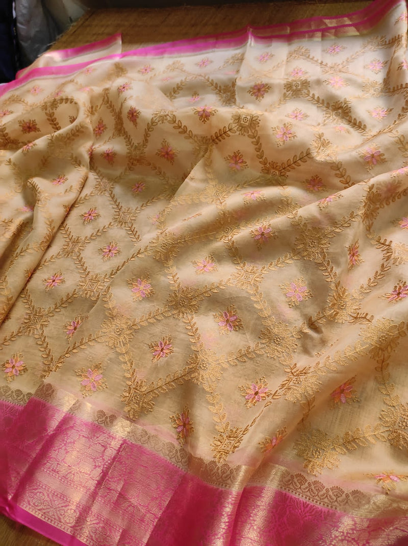 Sandal Pink Organza Saree with Embroidery work & Banarasi Style Border