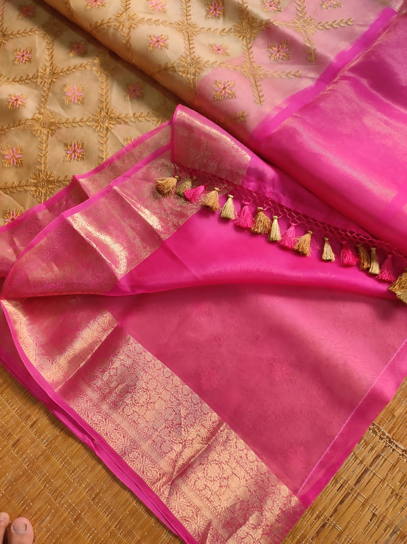 Sandal Pink Organza Saree with Embroidery work & Banarasi Style Border