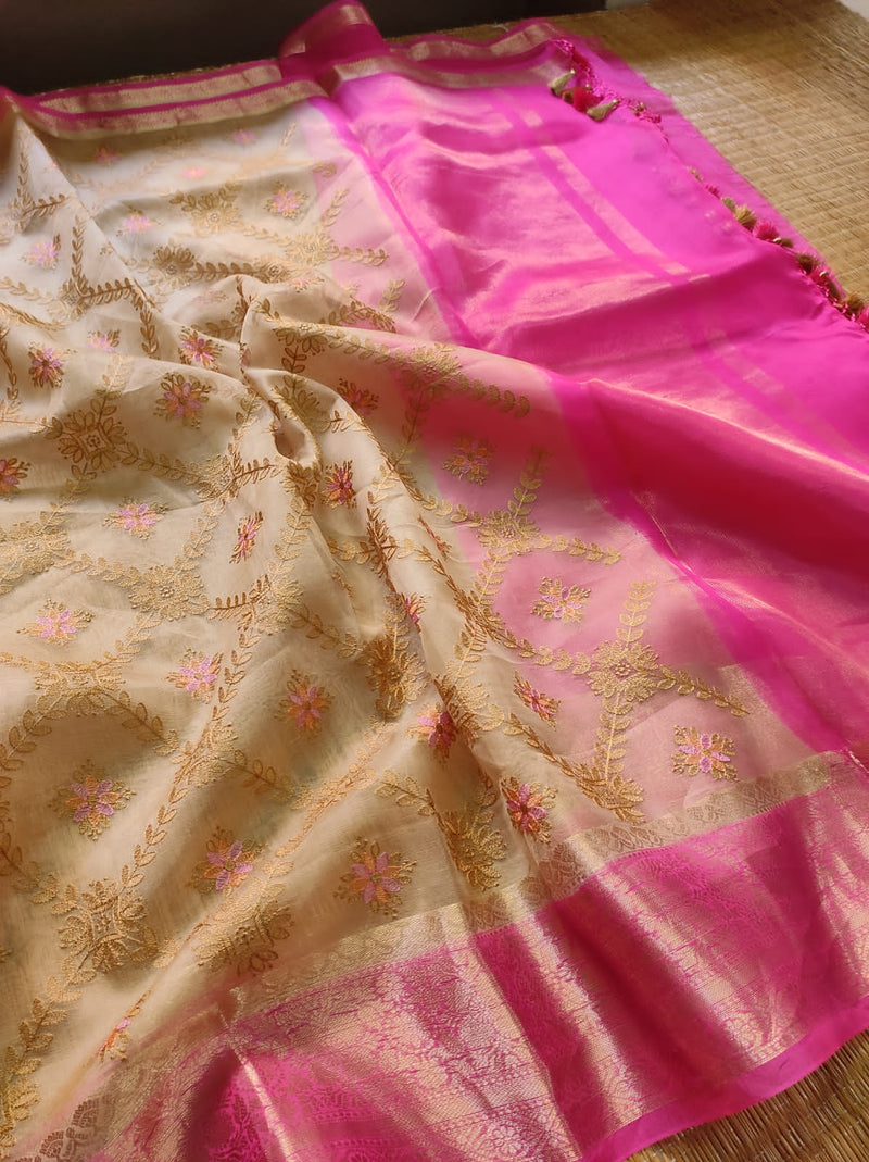 Sandal Pink Organza Saree with Embroidery work & Banarasi Style Border