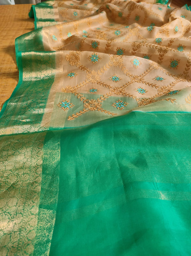 Sandal Green Organza Saree with Embroidery work & Banarasi Style Border