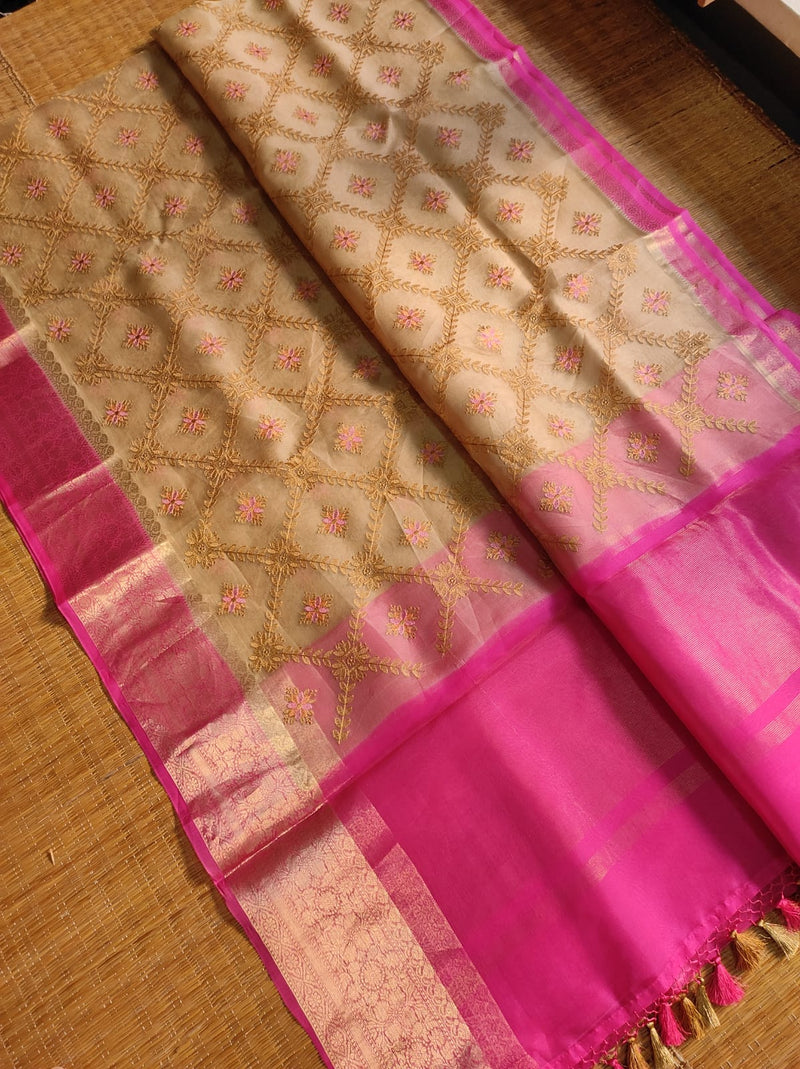 Sandal Pink Organza Saree with Embroidery work & Banarasi Style Border