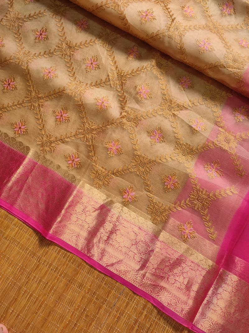 Sandal Pink Organza Saree with Embroidery work & Banarasi Style Border