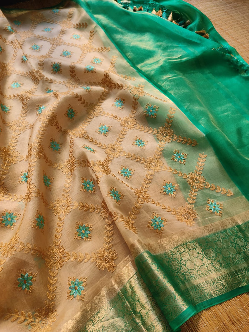 Sandal Green Organza Saree with Embroidery work & Banarasi Style Border