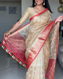 Sandal Red Organza Saree with Embroidery work & Banarasi Style Border