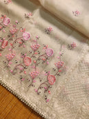 Half White Organza Saree with Meenakari Skirt Embroidery Work & Crochet Lace