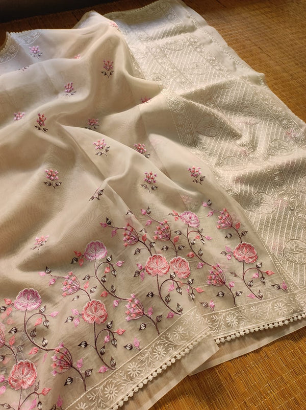 Half White Organza Saree with Meenakari Skirt Embroidery Work & Crochet Lace
