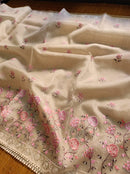 Half White Organza Saree with Meenakari Skirt Embroidery Work & Crochet Lace
