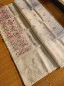 Half White Organza Saree with Meenakari Skirt Embroidery Work & Crochet Lace