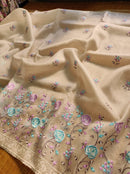 Half White Organza Saree with Meenakari Skirt Embroidery Work & Crochet Lace