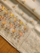 Half White Organza Saree with Meenakari Skirt Embroidery Work & Crochet Lace