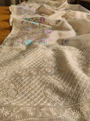 Half White Organza Saree with Meenakari Skirt Embroidery Work & Crochet Lace