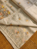 Half White Organza Saree with Meenakari Skirt Embroidery Work & Crochet Lace