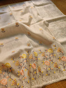 Half White Organza Saree with Meenakari Skirt Embroidery Work & Crochet Lace