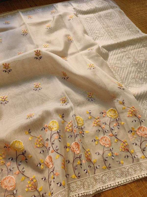 Half White Organza Saree with Meenakari Skirt Embroidery Work & Crochet Lace