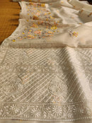 Half White Organza Saree with Meenakari Skirt Embroidery Work & Crochet Lace