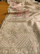 Half White Organza Saree with Meenakari Skirt Embroidery Work & Crochet Lace