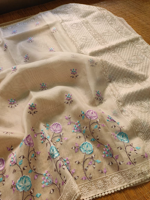 Half White Organza Saree with Meenakari Skirt Embroidery Work & Crochet Lace