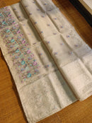 Half White Organza Saree with Meenakari Skirt Embroidery Work & Crochet Lace