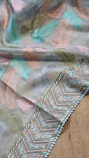 Blue Organza Saree with Leaf Embroidery Design