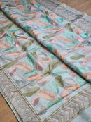 Blue Organza Saree with Leaf Embroidery Design