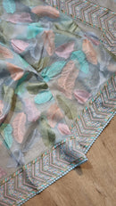 Blue Organza Saree with Leaf Embroidery Design