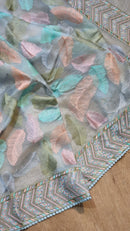 Blue Organza Saree with Leaf Embroidery Design