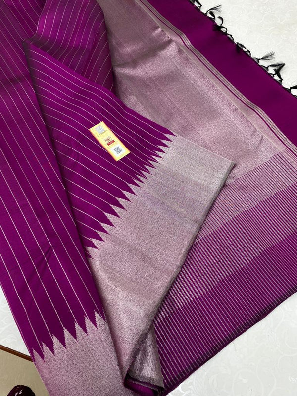 Purple Kanchipuram Silk Saree with Silver Zari Temple Border