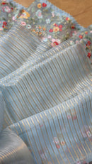 Blue Organza Saree Jacquard stripes with Floral Embroidery Border