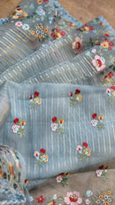 Blue Organza Saree Jacquard stripes with Floral Embroidery Border