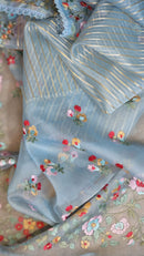 Blue Organza Saree Jacquard stripes with Floral Embroidery Border