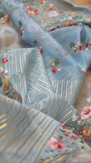 Blue Organza Saree Jacquard stripes with Floral Embroidery Border