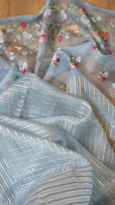 Blue Organza Saree Jacquard stripes with Floral Embroidery Border
