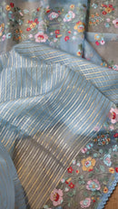 Blue Organza Saree Jacquard stripes with Floral Embroidery Border