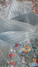 Blue Organza Saree Jacquard stripes with Floral Embroidery Border