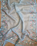 Blue Organza Saree Jacquard stripes with Floral Embroidery Border