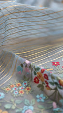 Blue Organza Saree Jacquard stripes with Floral Embroidery Border