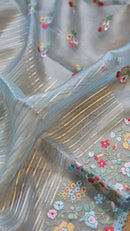 Blue Organza Saree Jacquard stripes with Floral Embroidery Border