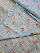 Blue Organza Saree Jacquard stripes with Floral Embroidery Border