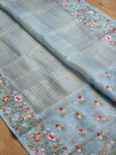 Blue Organza Saree Jacquard stripes with Floral Embroidery Border