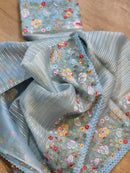 Blue Organza Saree Jacquard stripes with Floral Embroidery Border